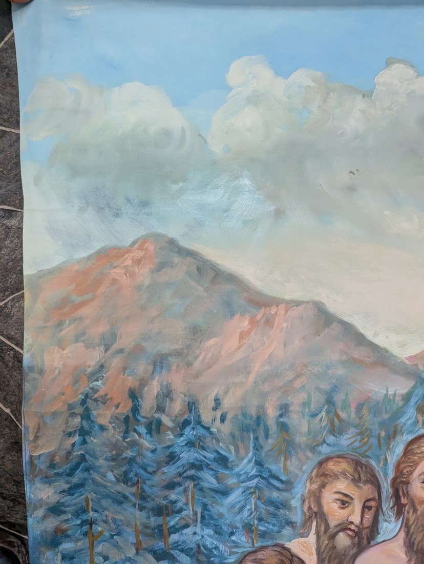 Large Unsigned Religious Oil Painting Depicting Baptism Scene Stunning Wall Art - 3