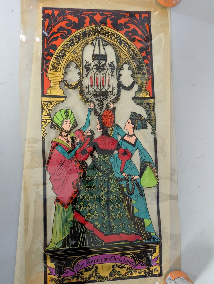 Vintage Complete Set of 5 Stained Glass Look Christmas Window Decorations - 7