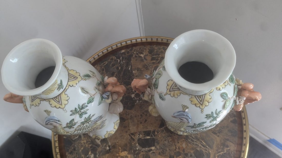 Pair of Maitland-Smith Chinoiserie Peacock Vases Elegant Decorative Art - 7