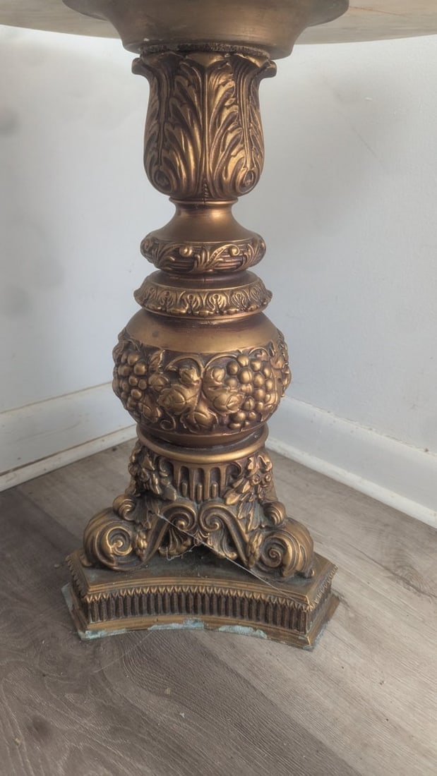Vintage Italianate Marble Top Pedestal Side Table Ornate Cast Metal Base Neoclassical Style - 3