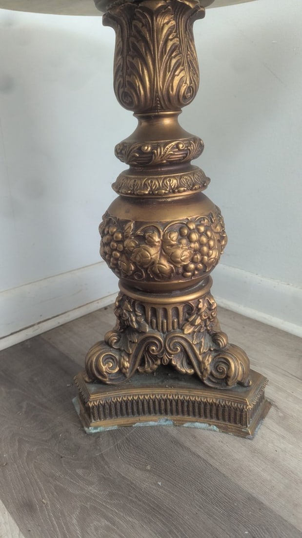 Vintage Italianate Marble Top Pedestal Side Table Ornate Cast Metal Base Neoclassical Style - 5
