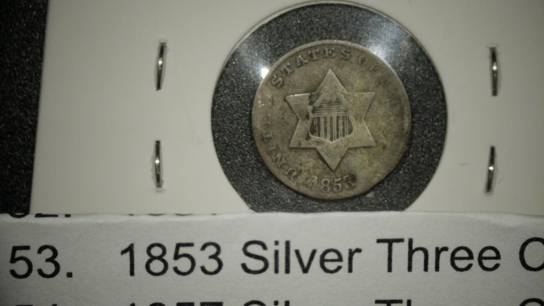 1853 Silver Three Cent Trime Coin AG by James B. Longacre - Historic US Currency - 3