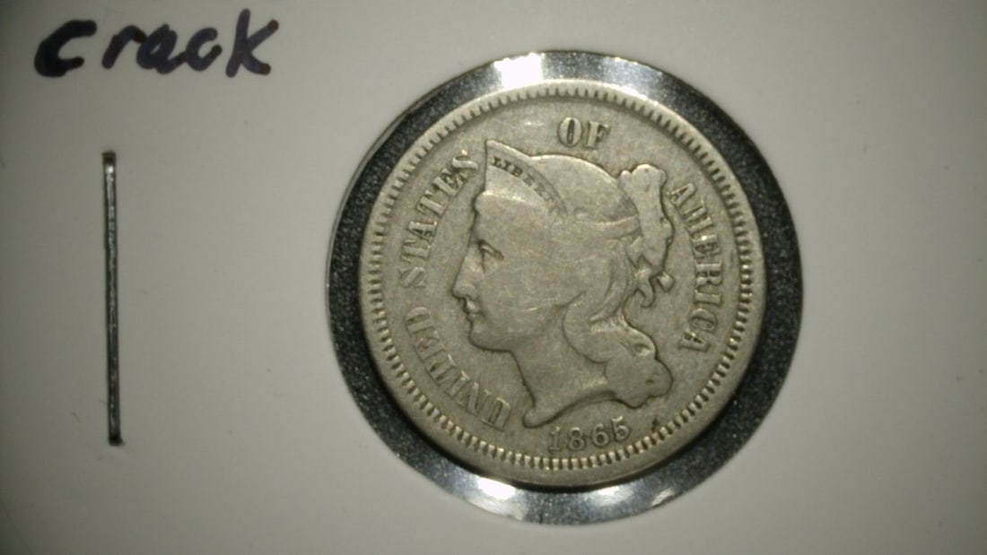 1865 Three-Cent Nickel G Good Reverse Die Crack Error by James B. Longacre (1 of 2)