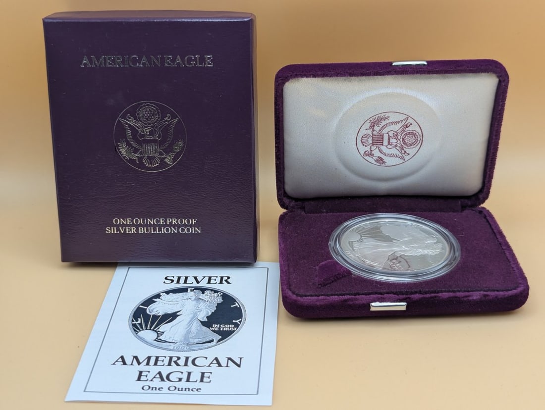 1990-S American Eagle One Ounce Proof Silver Dollar - Adolph A. Weinman Design: **Important** Please read below description on how to avoid high shipping costs. This is a 1990-S American Eagle One Ounce Proof Silver Dollar, struck at the San Francisco Mint. The coin is composed