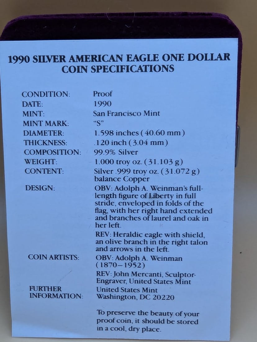 1990-S American Eagle One Ounce Proof Silver Dollar - Adolph A. Weinman Design - 5