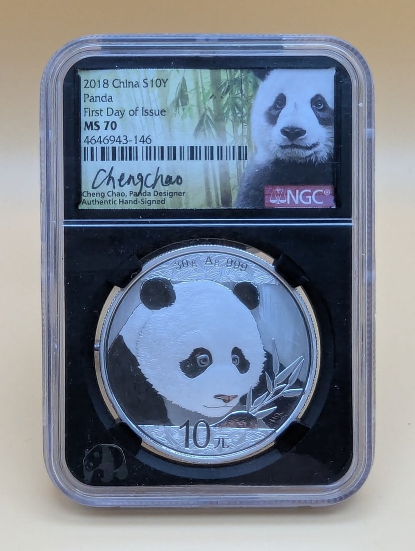 2018 China Panda Silver 30g Coin NGC MS 70 First Day of Issue Signed by Cheng Chao: **Important** Please read below description on how to avoid high shipping costs.<br><br>This stunning 2018 Chinese Panda silver coin has a face value of 10 Yuan and is composed of 30 grams of