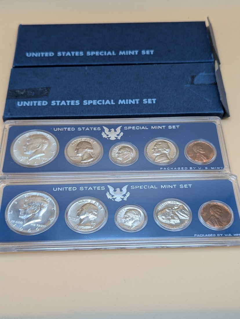 1965 and 1966 United States Special Mint Sets Excellent Condition Silver Coins Collection: **Important** Please read below description on how to avoid high shipping costs. Discover this impressive collection of two United States Special Mint Sets from the years 1965 and 1966, both graded