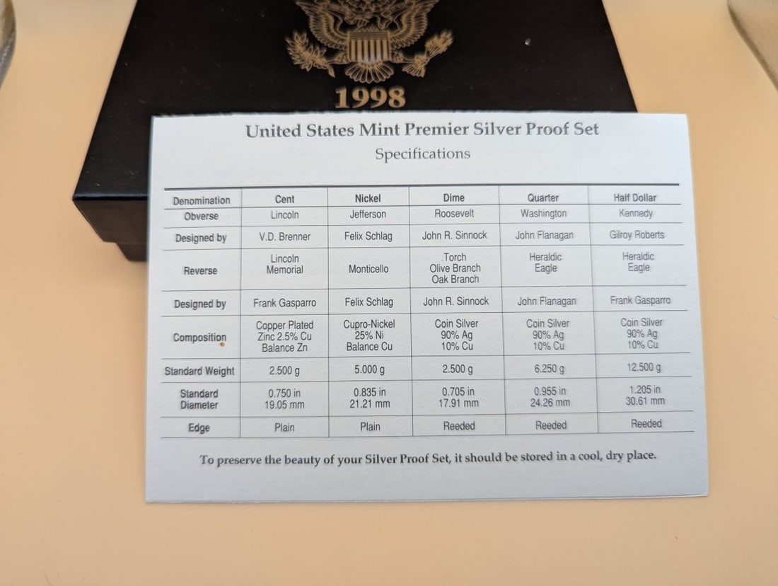 1998-S United States Mint Premier Silver Proof Set - Excellent Condition - Collector's Edition - 5