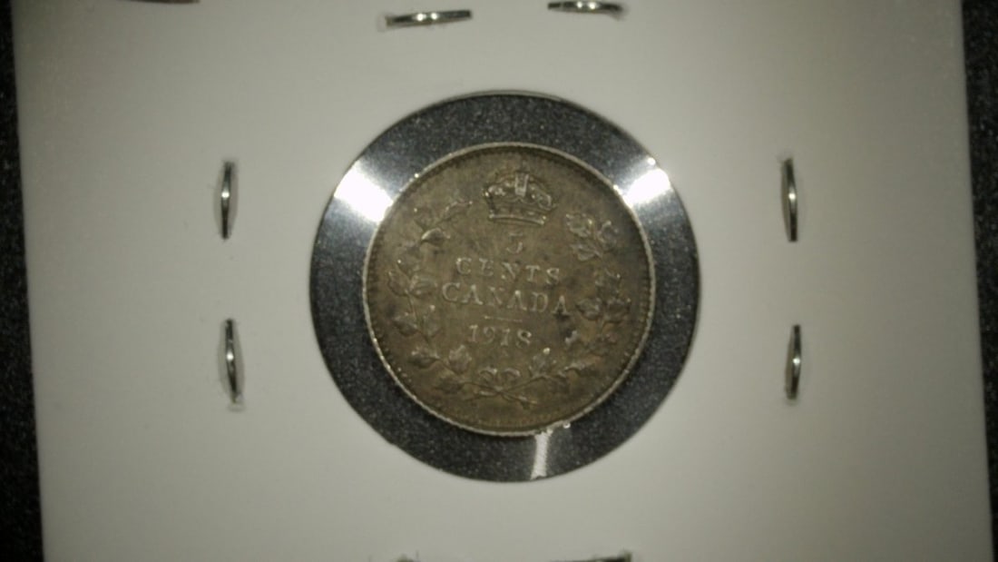 1918 Canada Silver 5 Cents Coin George V Extra Fine Sterling Silver Fish Scale - 2