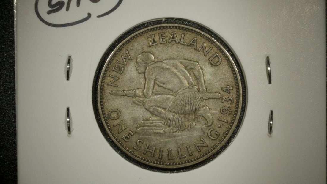 1934 New Zealand One Shilling Coin George V - Very Fine Grade Silver Coin - 2