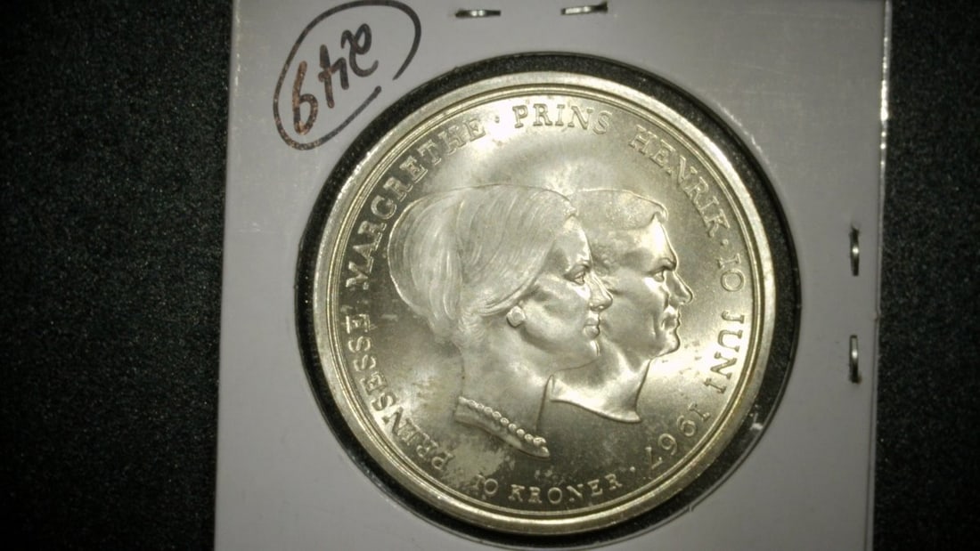 1967 Denmark 10 Kroner Silver Coin Royal Wedding Commemorative Mint State - 2