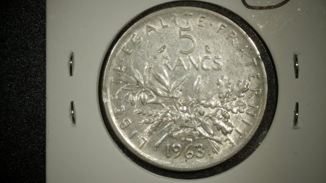 1963 France 5 Francs Semeuse Silver Coin Uncirculated by Louis-Oscar Roty - 2