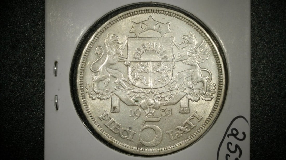 1931 Latvia 5 Lati Silver Coin Rihards ZariÅ†Å¡ Uncirculated Grade Excellent - 2