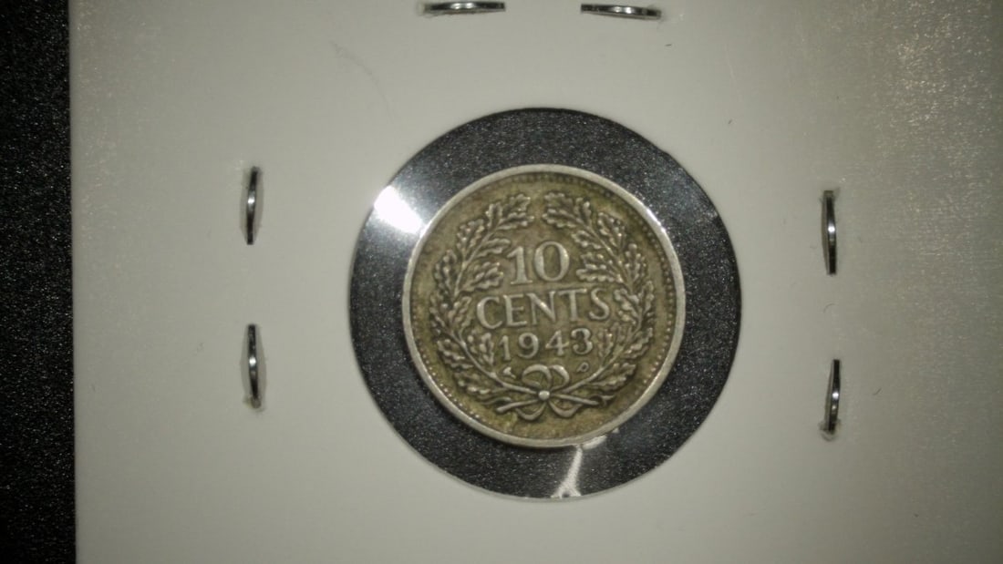1943 Netherlands 10 Cents Silver Coin Queen Wilhelmina Extra Fine Premium Collectible - 2