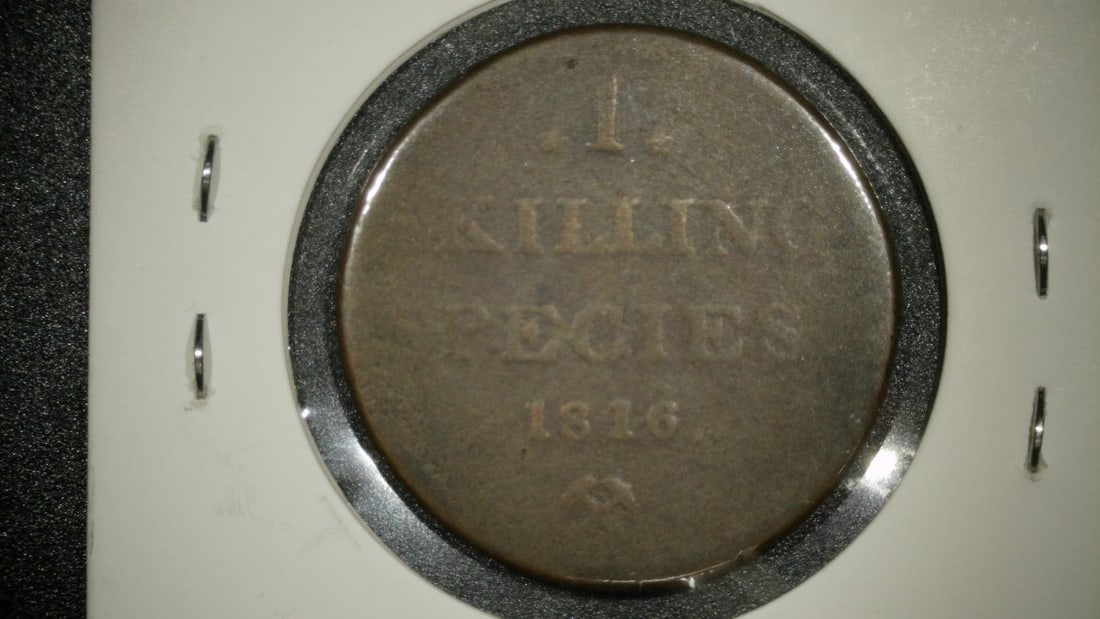 1816 Norway 1 Skilling Species Coin Very Good Kongsberg Mint Copper Currency - 2