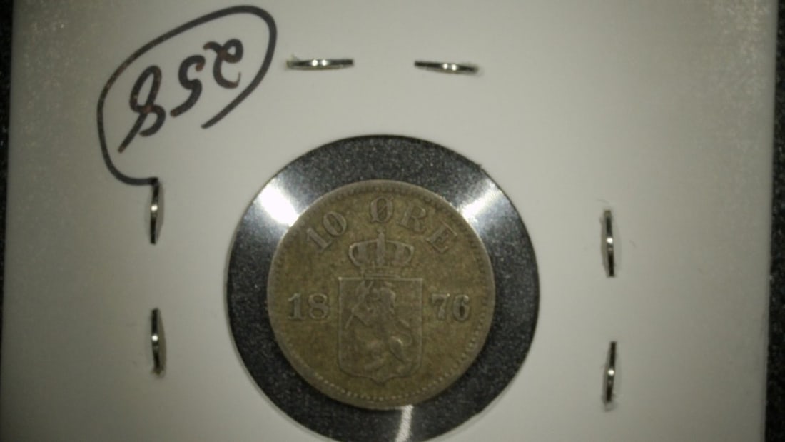 1876 Norway Silver 10 Ore Coin, Extra Fine Grade, Kongsberg Mint, Oscar II - 2