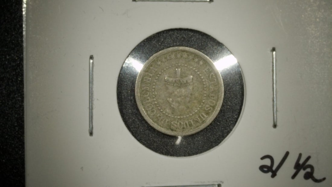 1881 Colombia 2 1/2 Centavos Coin Very Fine Casa de Moneda de Colombia: **Important** Please read below description on how to avoid high shipping costs. This is an 1881 Dos y Medio (2 1/2) Centavos coin from the Estados Unidos de Colombia. The obverse features the