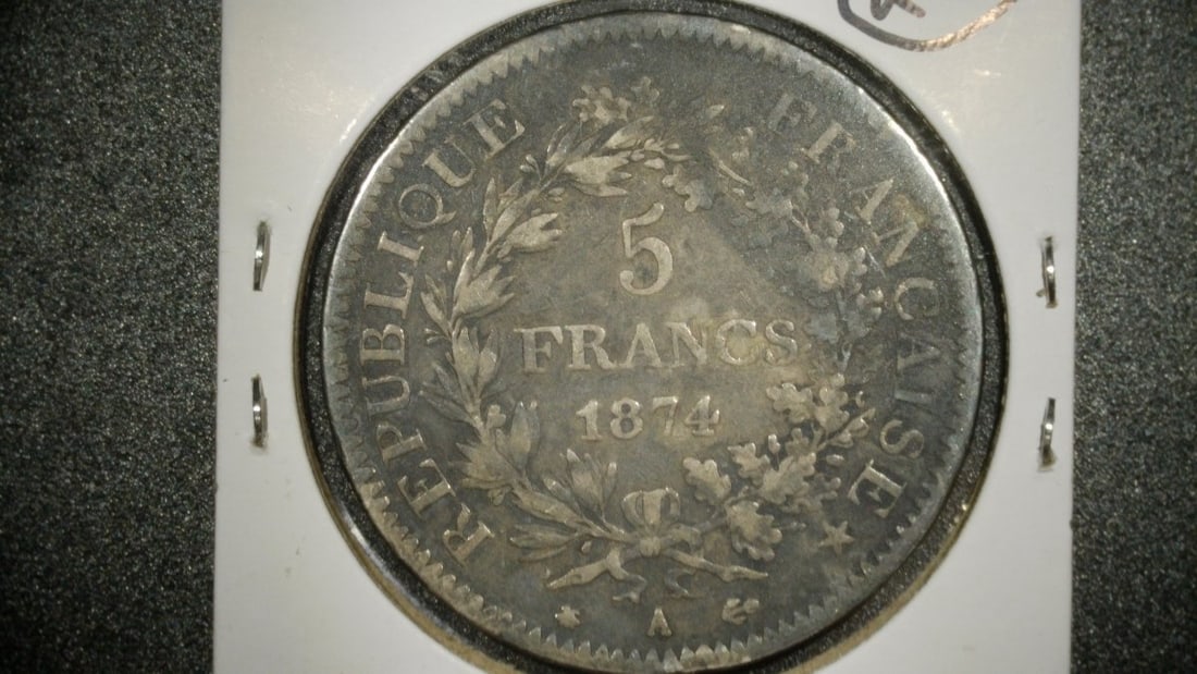 1874-A France 5 Francs Silver Coin Hercules Type by Augustin DuprÃ© - VF Grade - 2