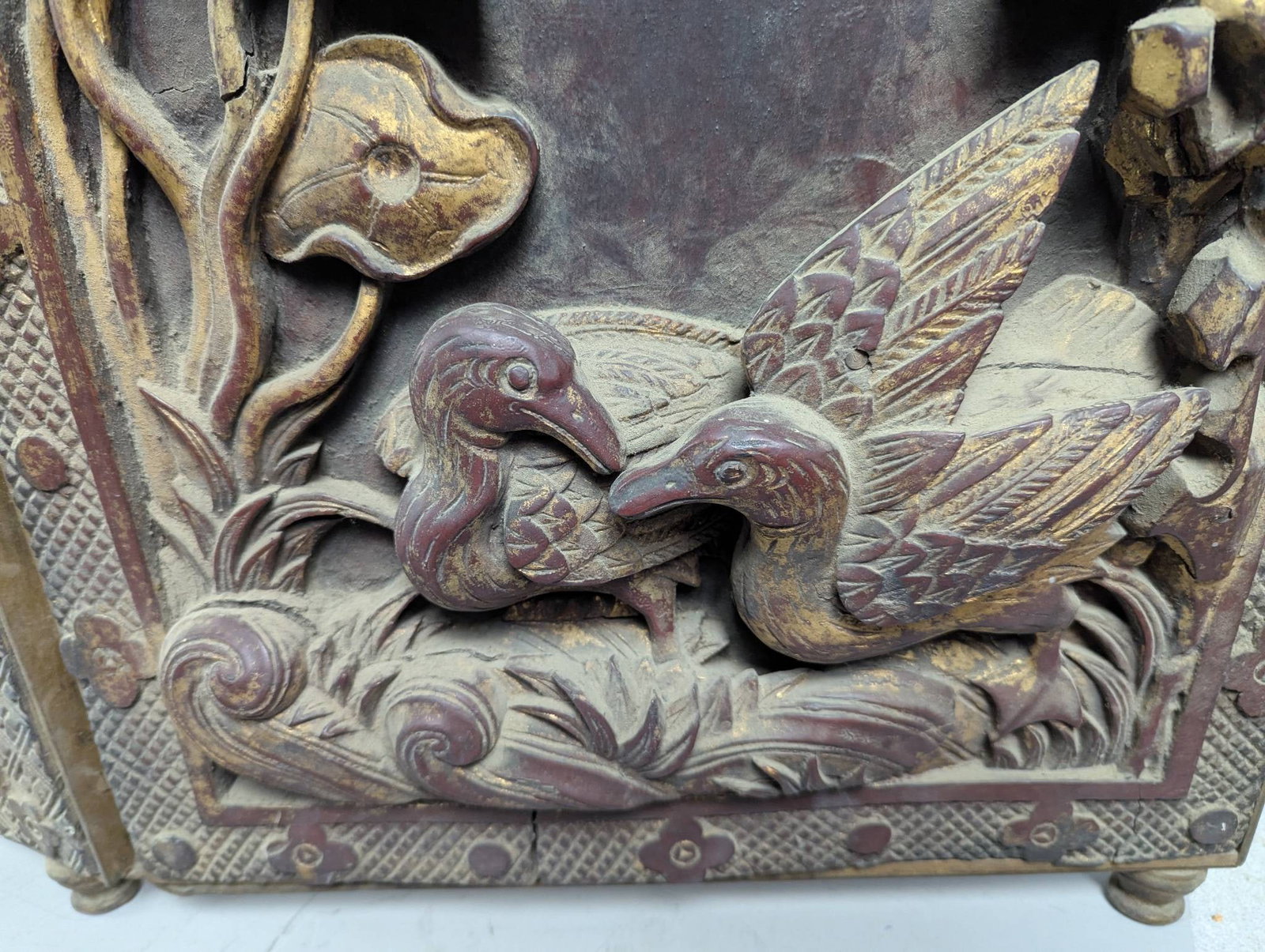 Antique Shitai Chinese Carved Wood Folding Screen with Gilded Relief Panels - 11