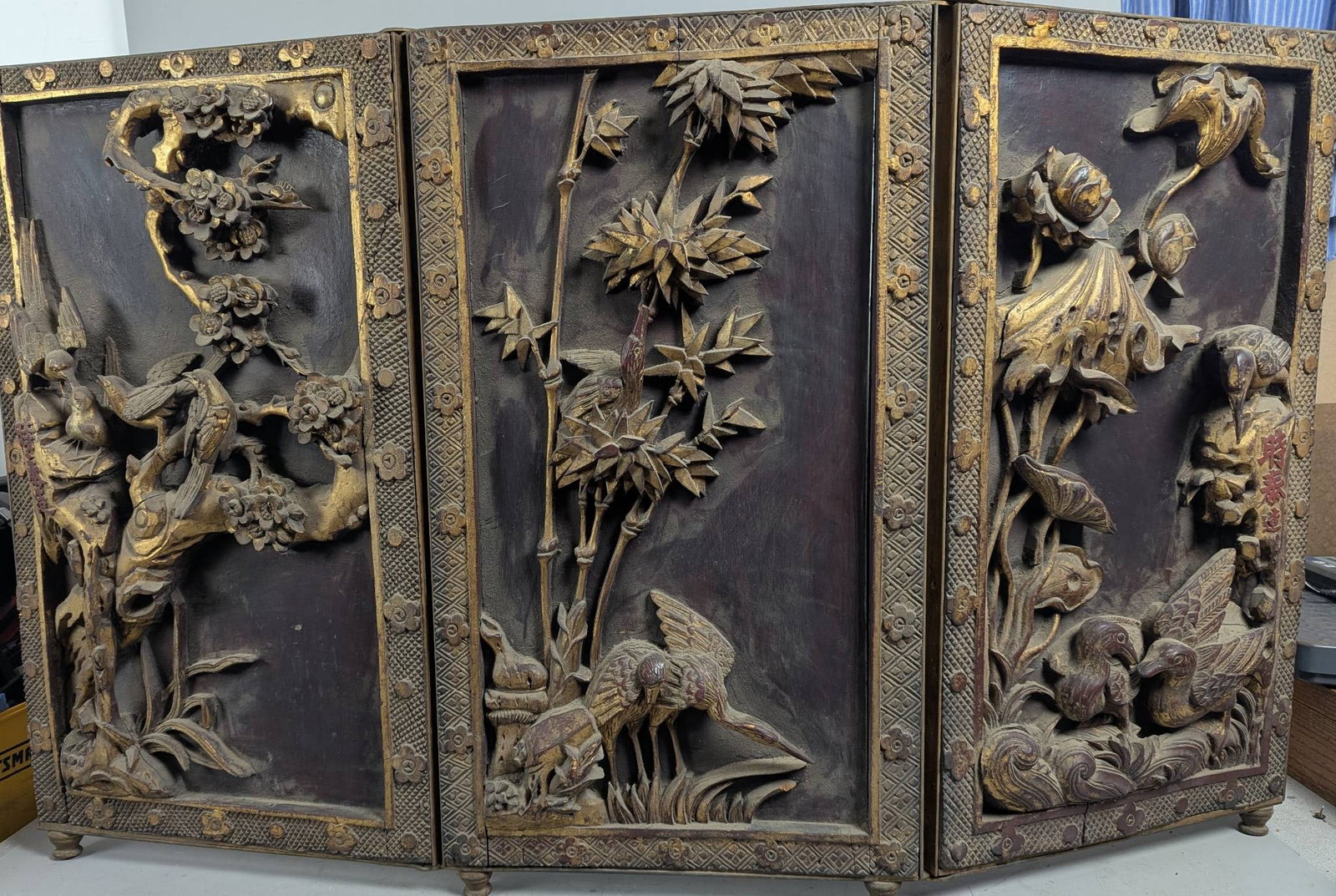 Antique Shitai Chinese Carved Wood Folding Screen with Gilded Relief Panels (1 of 16)