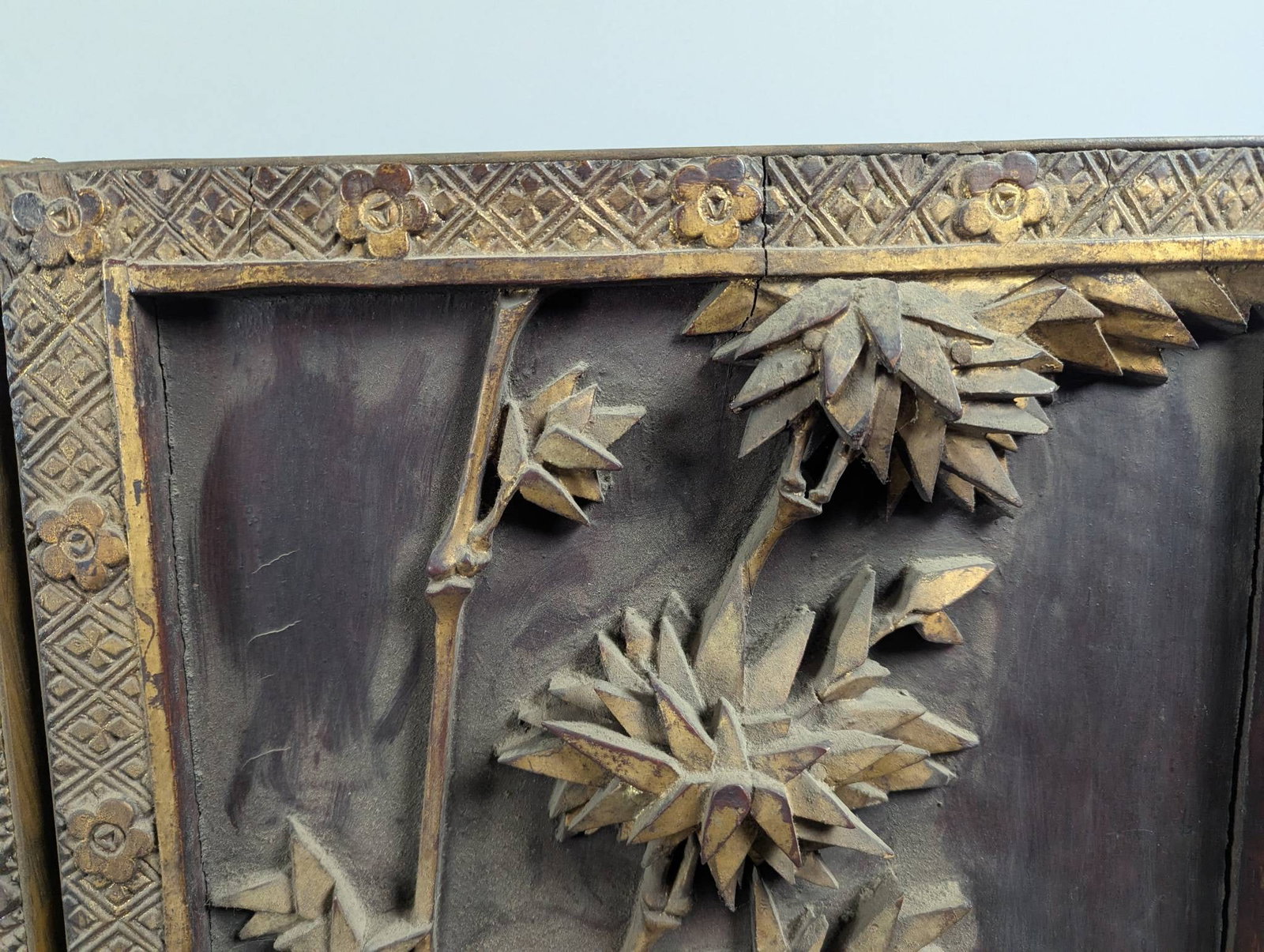 Antique Shitai Chinese Carved Wood Folding Screen with Gilded Relief Panels - 6