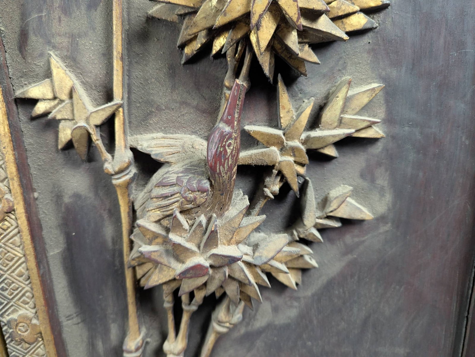Antique Shitai Chinese Carved Wood Folding Screen with Gilded Relief Panels - 7