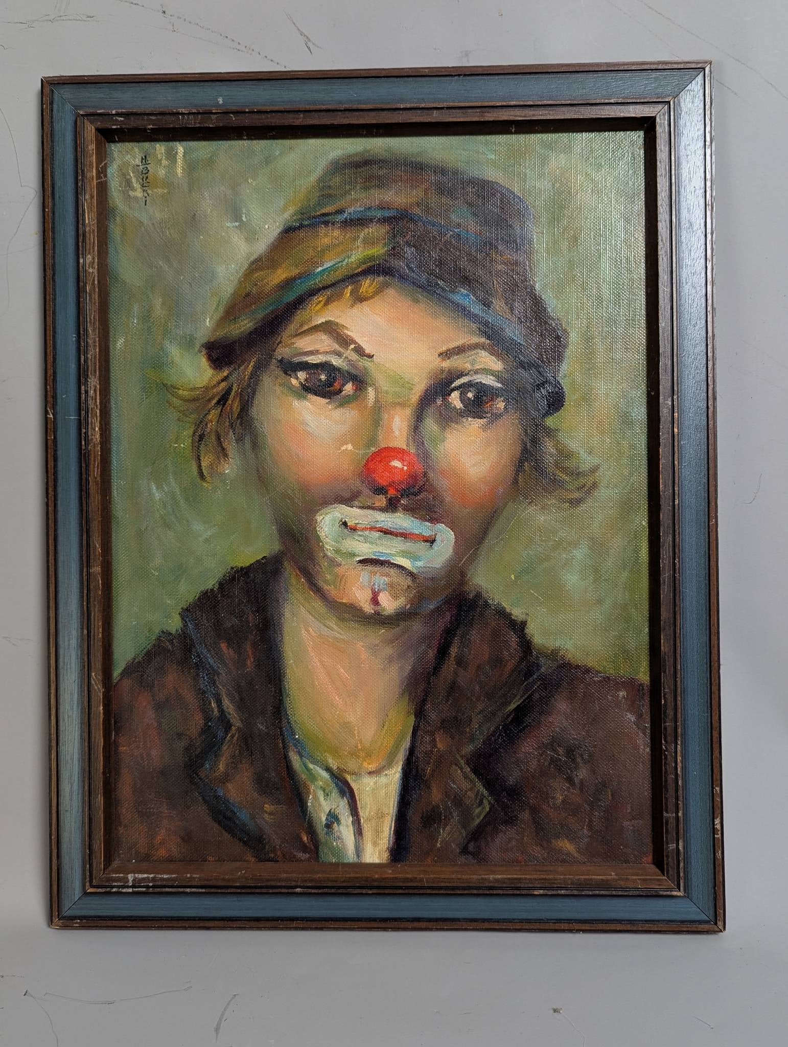 Painting of Suzy Clown by Helen Bucki in Rustic Frame: **Important** Please read below description on how to avoid high shipping costs. Oil painting titled Suzy Clown by artist Helen Bucki, featuring a portrait of a clown with a somber expression and dist