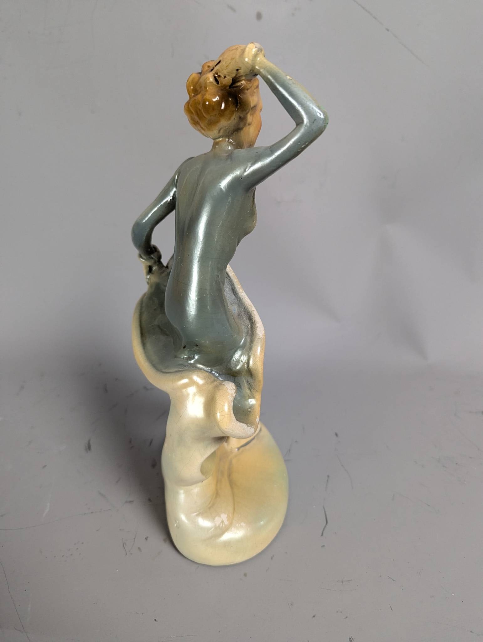 Plaster Art Deco Flapper Girl Figurine with Hand on Head and Raised Dress - 4