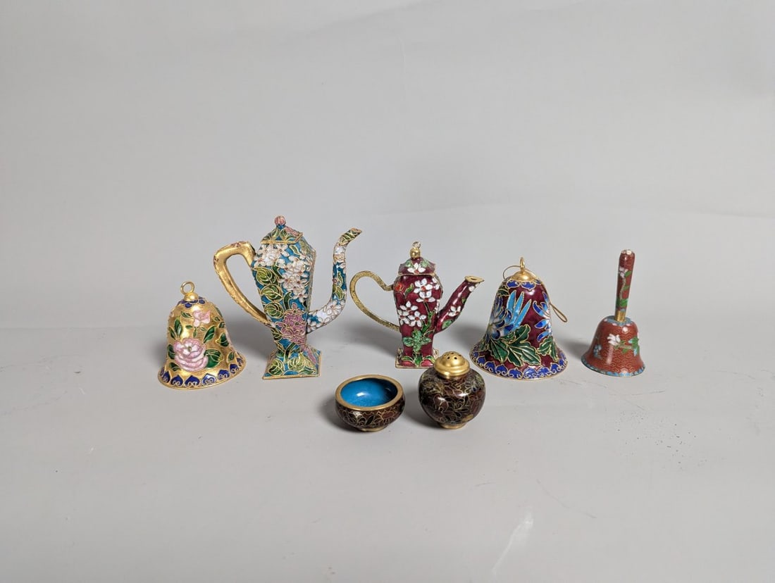 Vintage Chinese Cloisonne Enamel Decorative Collection Includes Bells and Ewers: **Important** Please read below description on how to avoid high shipping costs. Explore this stunning collection featuring vintage Chinese cloisonnÃ© enamel decorative items, including the 
