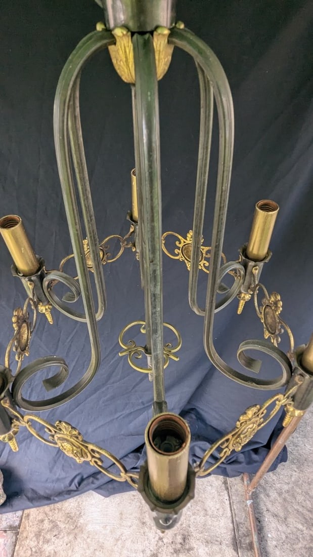 Vintage Spanish Revival Style 6-Light Chandelier Brass Gold Leaf Decorative Lighting - 6