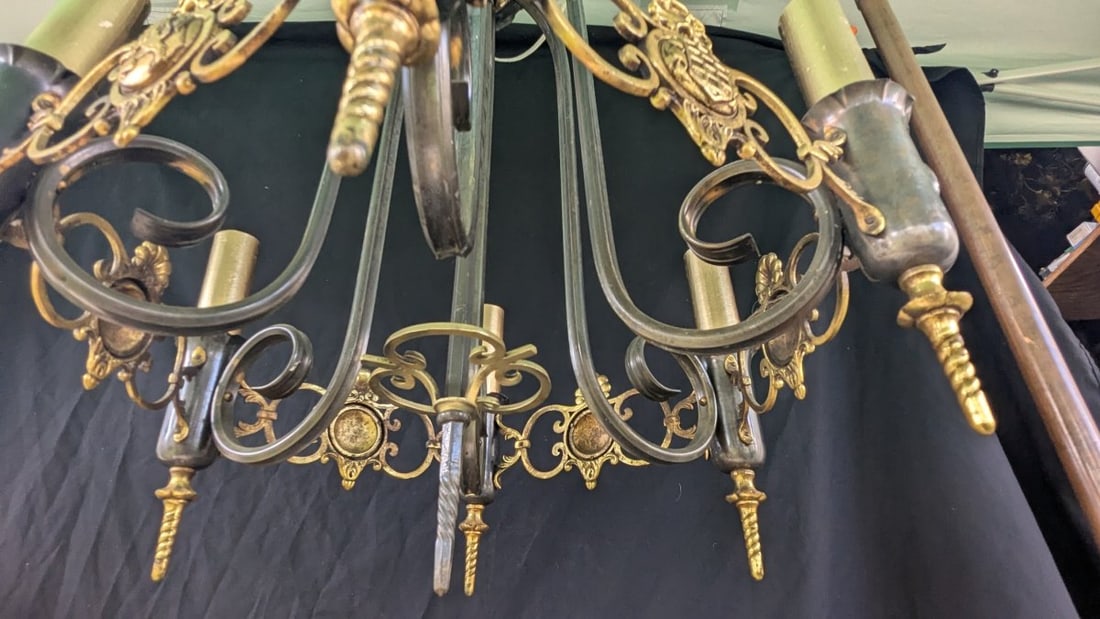 Vintage Spanish Revival Style 6-Light Chandelier Brass Gold Leaf Decorative Lighting - 8