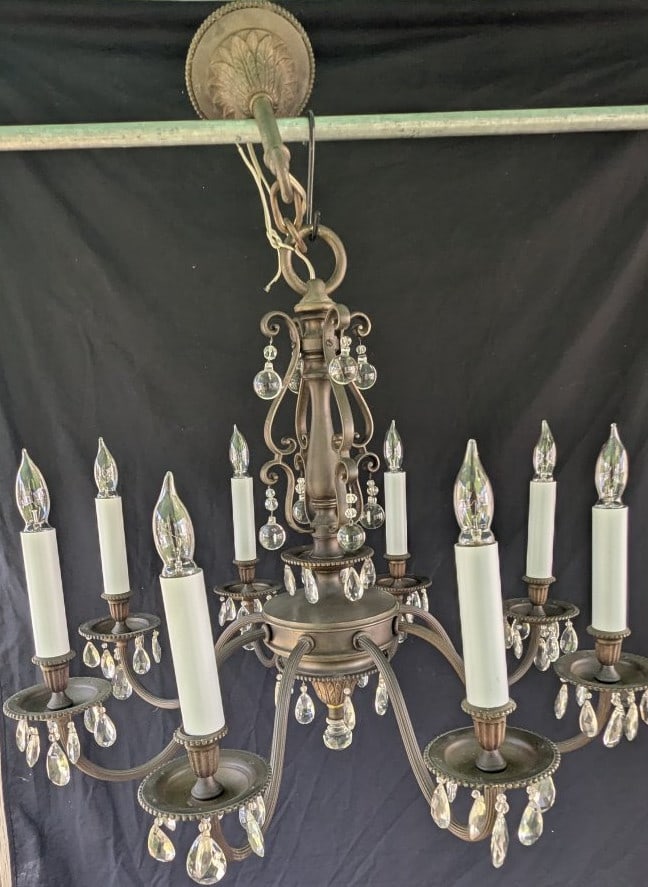 Vintage 12-Light Two-Tier Neoclassical Style Brass Chandelier with Prisms (1 of 8)
