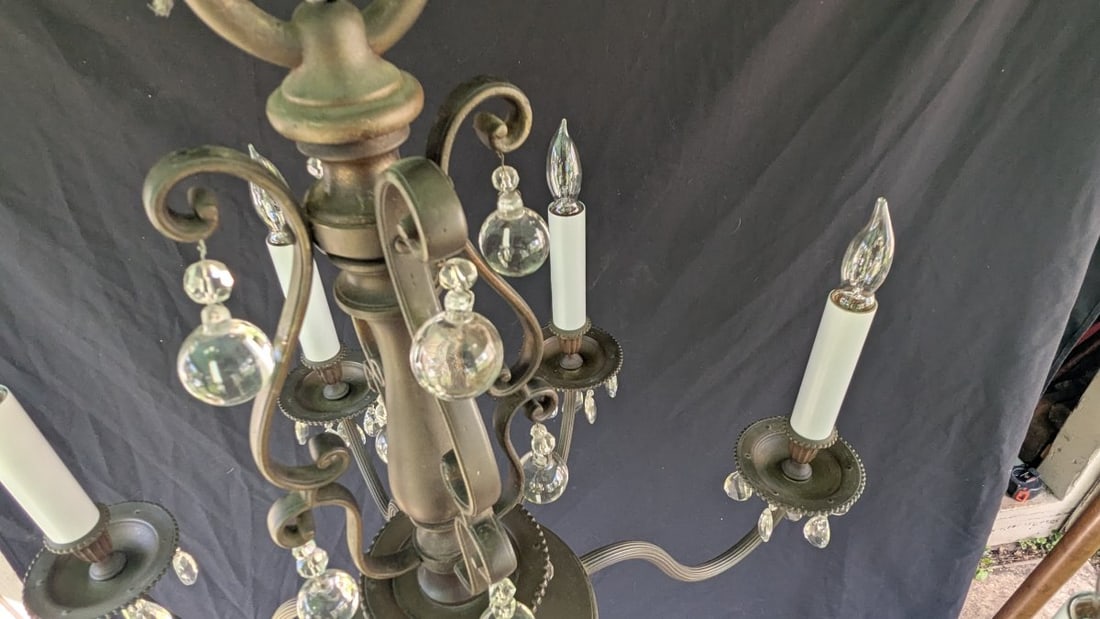 Vintage 12-Light Two-Tier Neoclassical Style Brass Chandelier with Prisms - 8