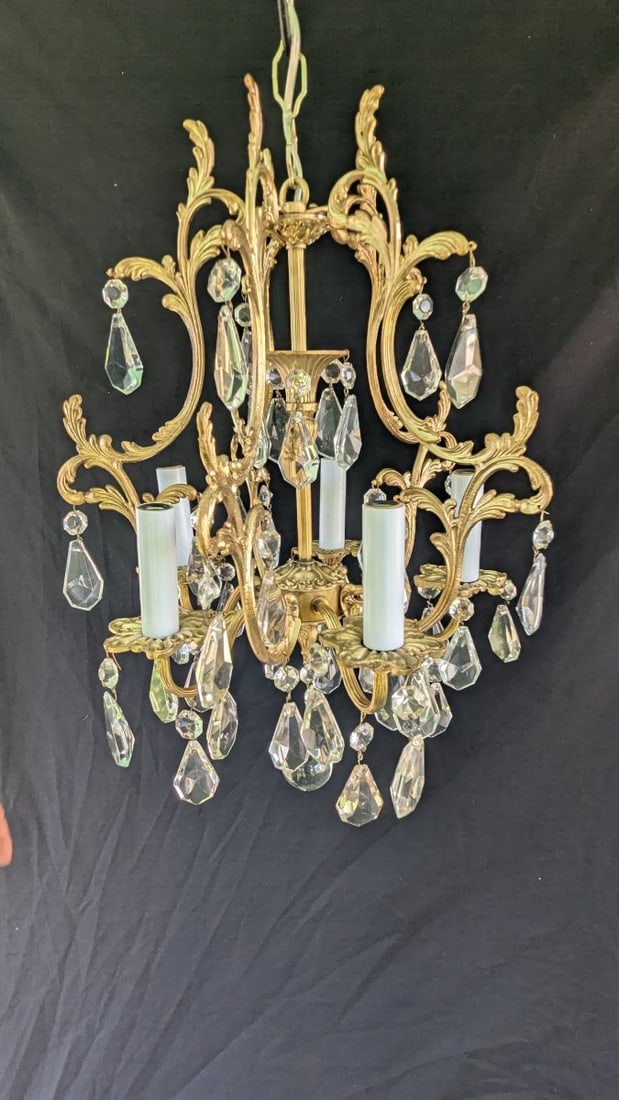 Vintage Italian Rococo Revival 5-Arm Brass Chandelier with Crystal Hanging Prisms (1 of 8)