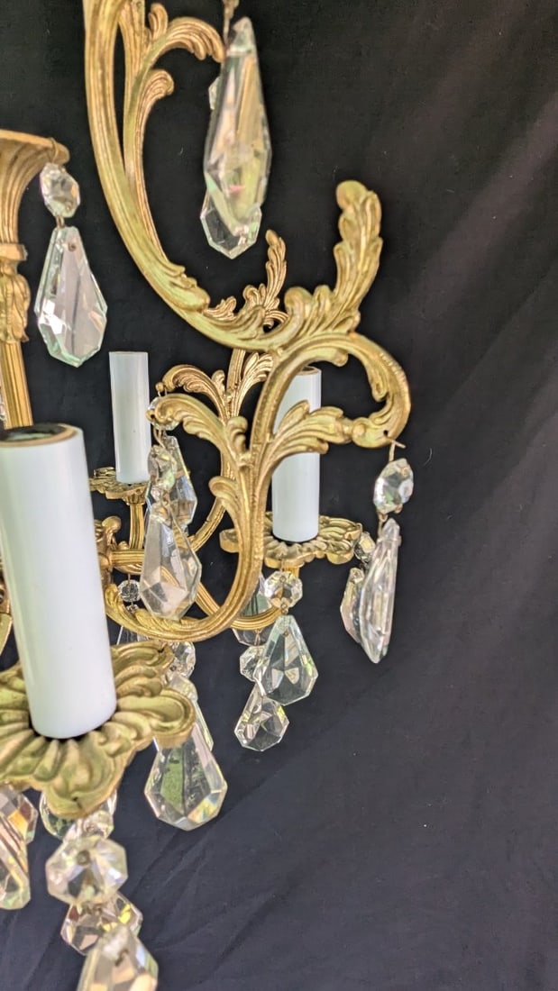 Vintage Italian Rococo Revival 5-Arm Brass Chandelier with Crystal Hanging Prisms - 3
