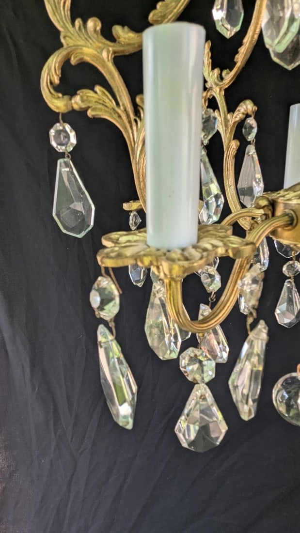 Vintage Italian Rococo Revival 5-Arm Brass Chandelier with Crystal Hanging Prisms - 4