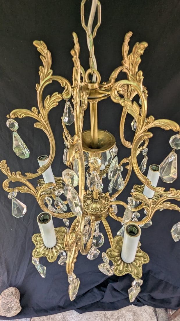 Vintage Italian Rococo Revival 5-Arm Brass Chandelier with Crystal Hanging Prisms - 5