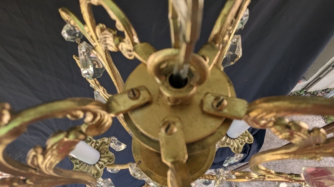 Vintage Italian Rococo Revival 5-Arm Brass Chandelier with Crystal Hanging Prisms - 6