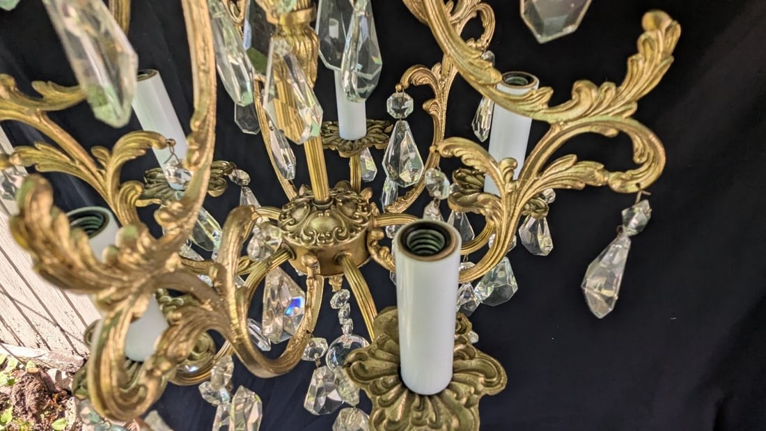 Vintage Italian Rococo Revival 5-Arm Brass Chandelier with Crystal Hanging Prisms - 8
