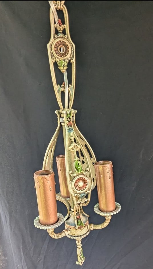 Antique Art Nouveau Style Aluminum 3-Light Polychrome Chandelier Rewired Ready to Hang: **Important** Please read below description on how to avoid high shipping costs. Illuminate your space with this exquisite antique Art Nouveau style 3-light chandelier! Measuring 21 inches high and 7