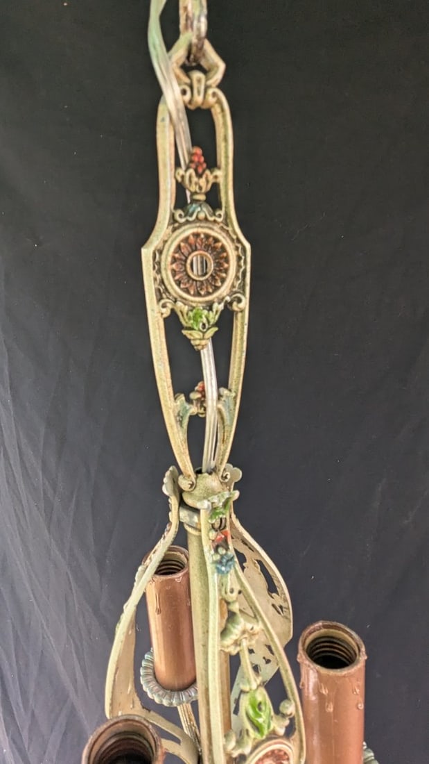 Antique Art Nouveau Style Aluminum 3-Light Polychrome Chandelier Rewired Ready to Hang - 3