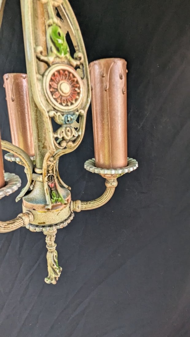 Antique Art Nouveau Style Aluminum 3-Light Polychrome Chandelier Rewired Ready to Hang - 4