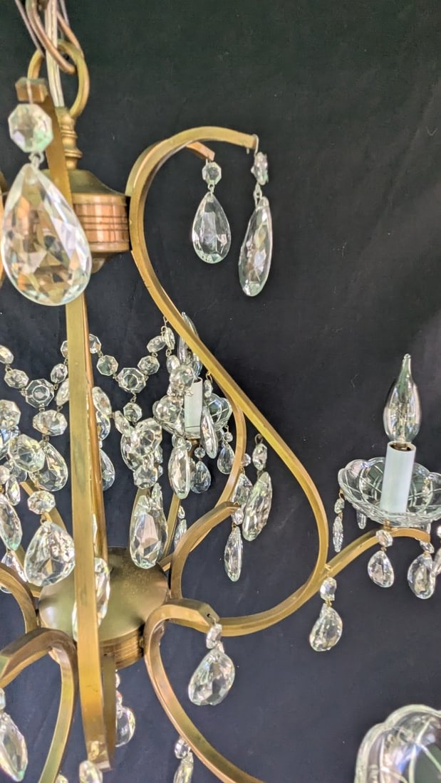 Mid-Century Italian Brass and Crystal Chandelier with Hanging Prisms Rewired Ready to Hang - 11