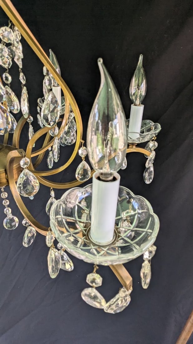 Mid-Century Italian Brass and Crystal Chandelier with Hanging Prisms Rewired Ready to Hang - 12