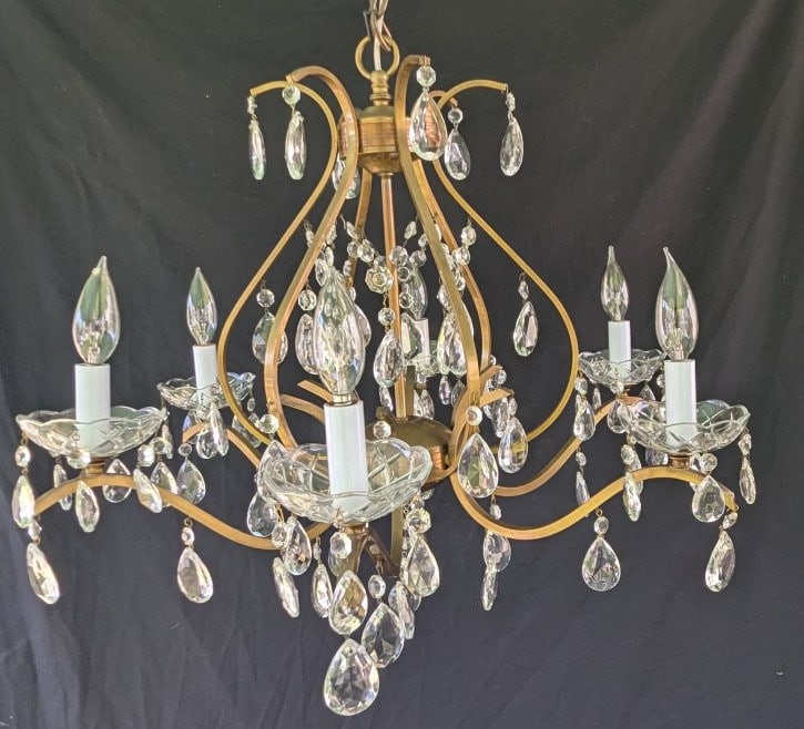Mid-Century Italian Brass and Crystal Chandelier with Hanging Prisms Rewired Ready to Hang: **Important** Please read below description on how to avoid high shipping costs. Elevate your space with this stunning Mid-Century Italian chandelier! Standing 22 inches high and spanning 25 inches