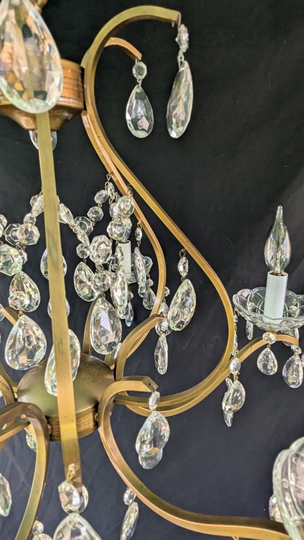 Mid-Century Italian Brass and Crystal Chandelier with Hanging Prisms Rewired Ready to Hang - 3