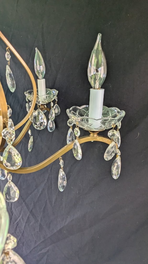 Mid-Century Italian Brass and Crystal Chandelier with Hanging Prisms Rewired Ready to Hang - 4