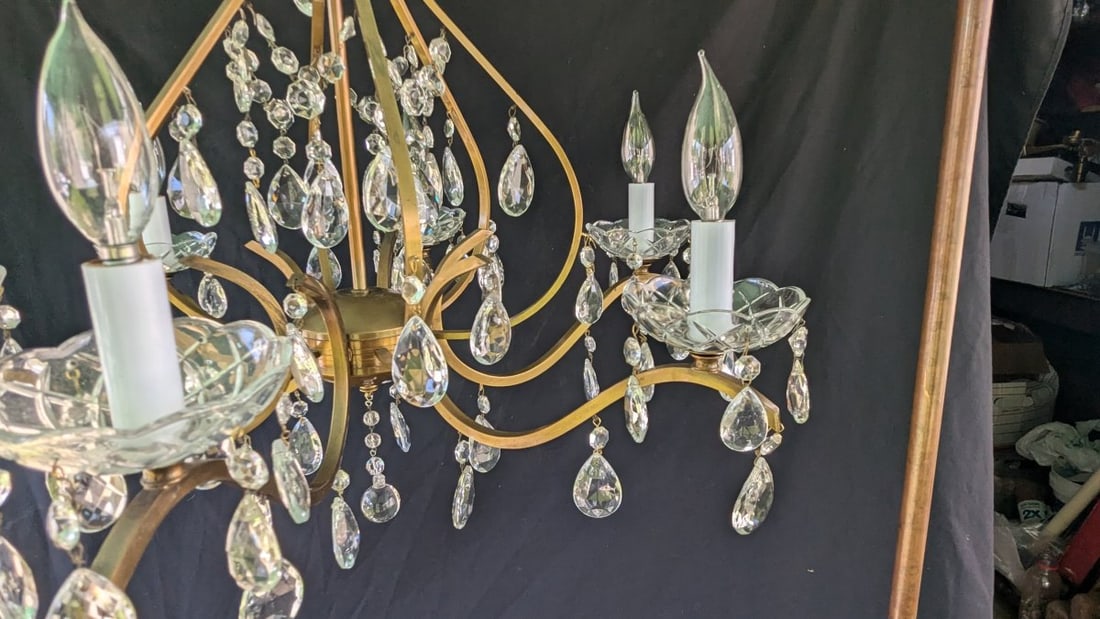 Mid-Century Italian Brass and Crystal Chandelier with Hanging Prisms Rewired Ready to Hang - 5