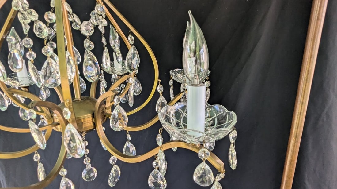 Mid-Century Italian Brass and Crystal Chandelier with Hanging Prisms Rewired Ready to Hang - 9