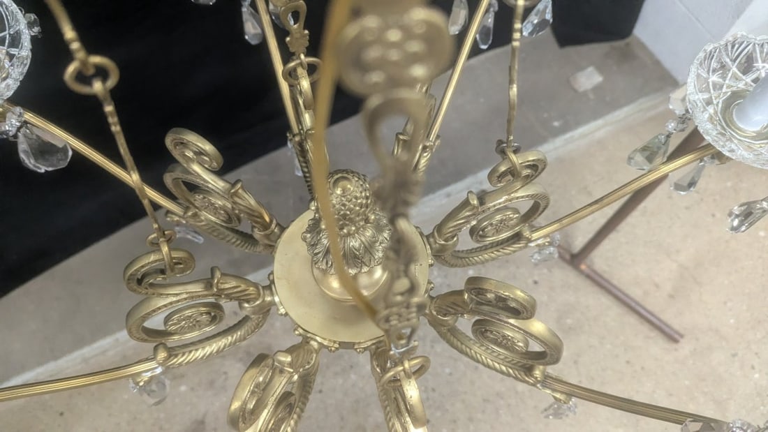 Einar BÃ¤ckstrÃ¶m Neoclassical 8-Arm Brass and Crystal Chandelier with Hanging P - 10